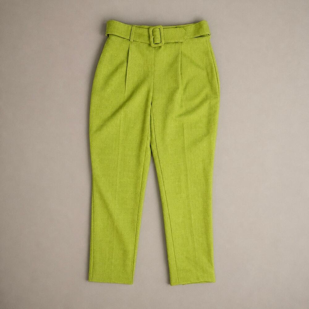 New York & Company Lime Green High-Waisted Tapered Slacks with Belt - 6 Petite